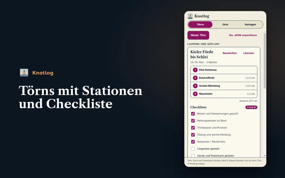 Seitenpanel mit dem Törn „Kieler Förde bis Schlei“: vier Stationen mit Seemeilen, darunter eine Checkliste mit 5 von 8 erledigten Punkten.