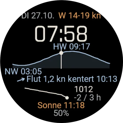 Garmin-Zifferblatt mit Uhrzeit 07:58, Wind West 14 bis 19 Knoten, Tidenkurve mit Hochwasser 09:17, Luftdruck 1012 und Sonne 11:18.