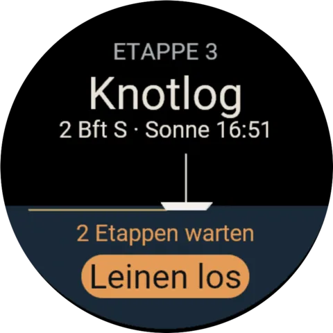 Garmin-Uhr mit dem Startbildschirm: Etappe 3, Wind 2 Bft aus Süd, Sonnenuntergang 16:51 und dem Knopf „Leinen los“.