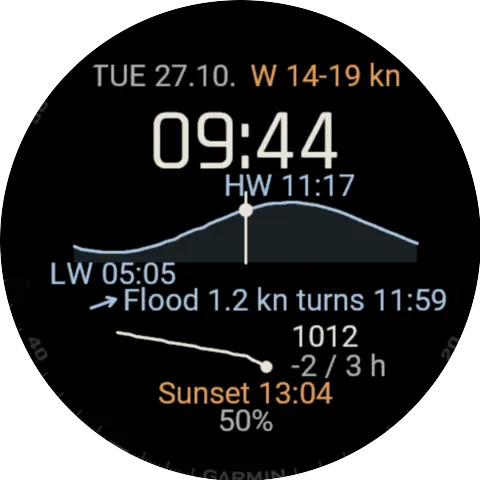 Garmin watchface showing 07:58, wind west 14 to 19 knots, a tide curve with high water 09:17, pressure 1012 and sun 11:18.