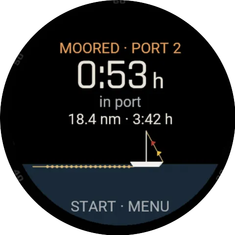 Garmin watch after mooring: second harbour, 53 minutes in harbour, 18.4 nautical miles in 3:42 hours.