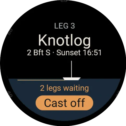 Garmin watch showing the start screen: leg 3, wind 2 Bft from the south, sunset 16:51 and the "Leinen los" (cast off) button.